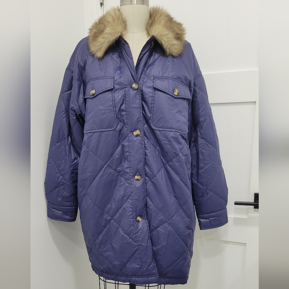 Aerie Women's Quilted Puffer Faux Fur Collar Sherpa Lined Longline Coat Size M